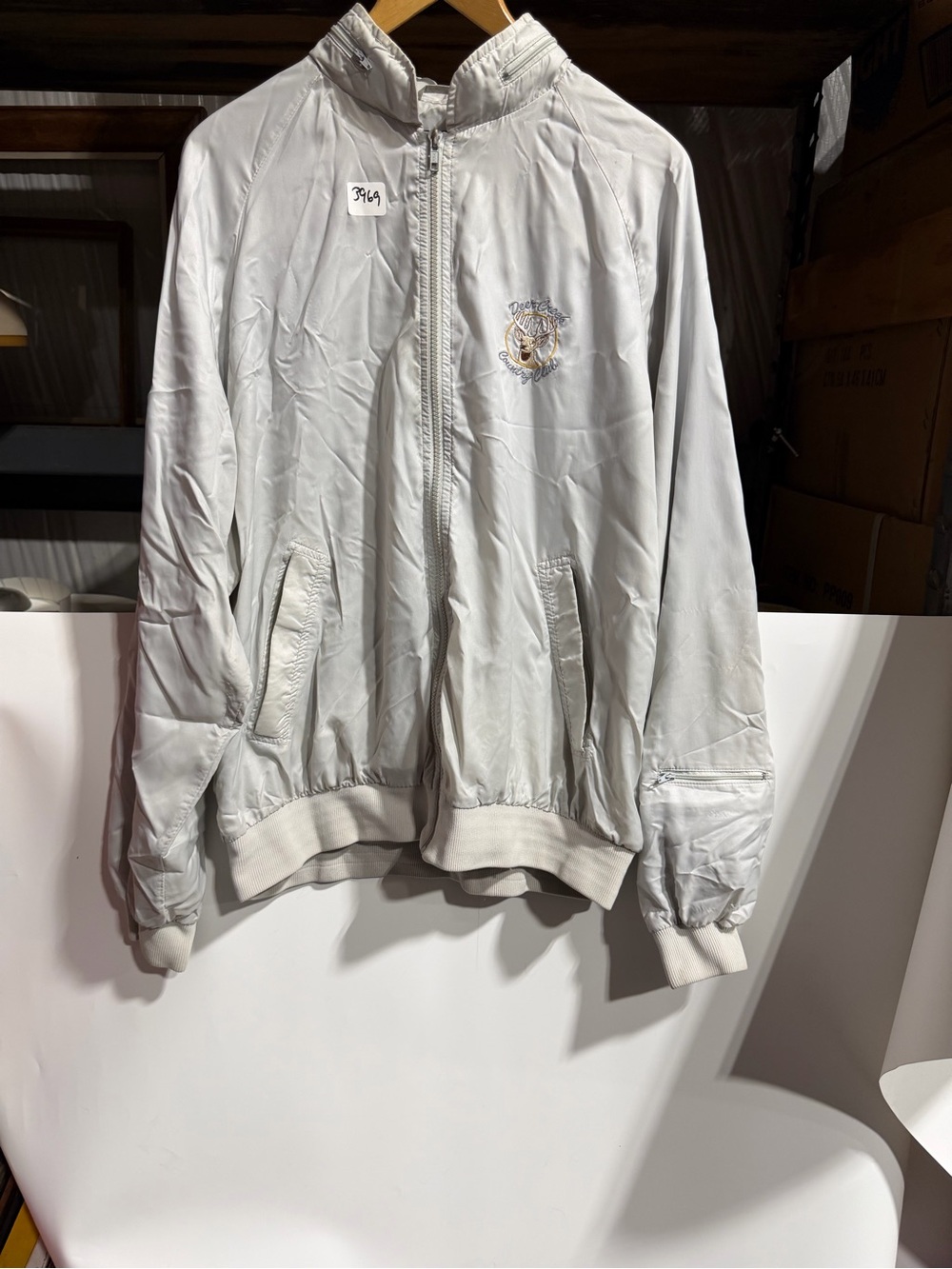 #3969-Light Gray Bomber Jacket with Embroidered Crest
